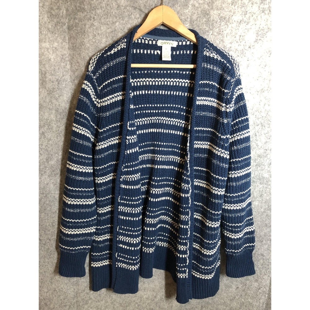 Orvis Sweater Womens XL Navy Open Front Cardigan Knit Linen Wool Blend Striped